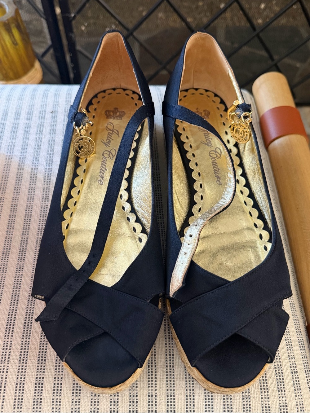 Juicy Couture Black Espadrille Wedge Sandals with Gold Insole Charm